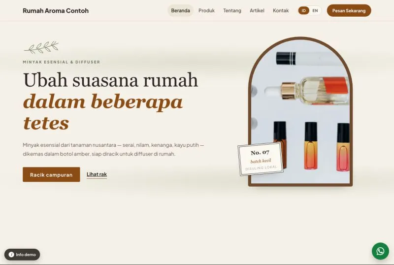 Tampilan theme WordPress Toko Aromaterapi