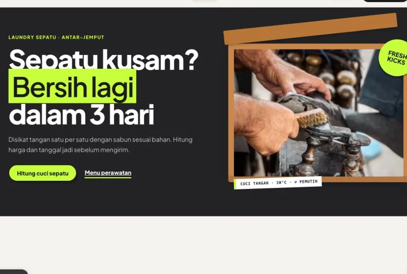 Tampilan theme WordPress Cuci Sepatu & Sneakers