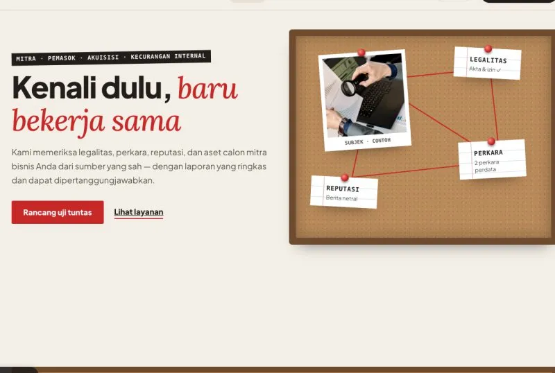 Tampilan theme WordPress Investigasi Bisnis & Uji Tuntas