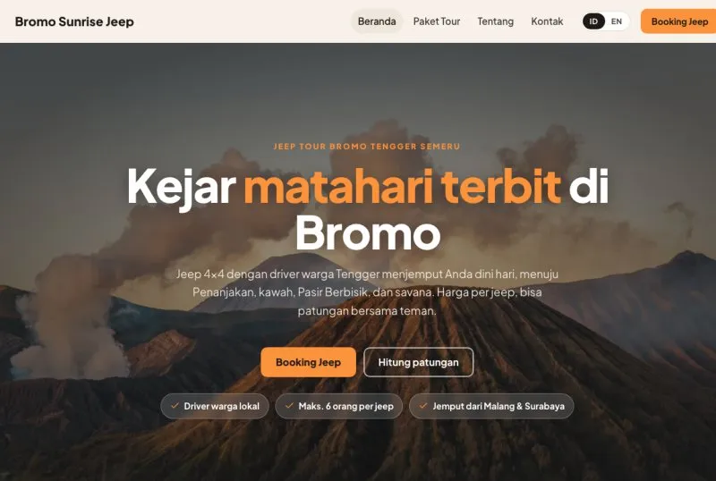 Tampilan theme WordPress Jeep Tour & Wisata Alam