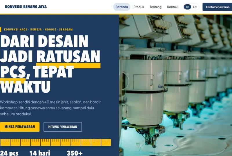 Tampilan theme WordPress Konveksi & Produksi Pakaian
