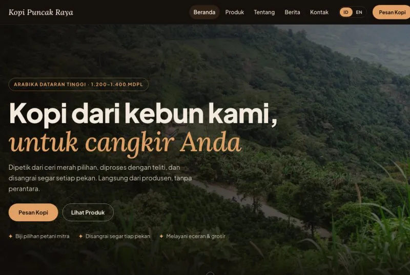 Tampilan theme WordPress Kopi & Roastery