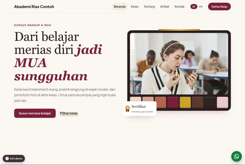 Tampilan theme WordPress Kursus Makeup