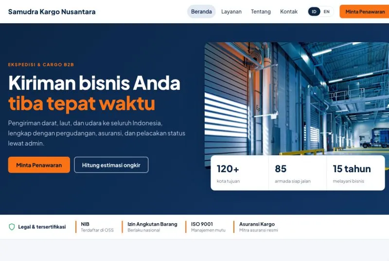 Tampilan theme WordPress Logistik & Ekspedisi