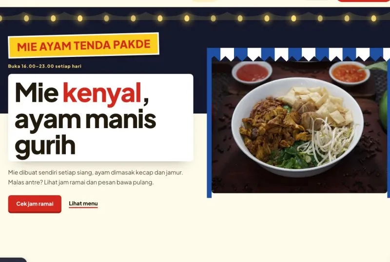 Tampilan theme WordPress Mie Ayam & Bakmi Tenda