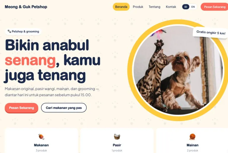 Tampilan theme WordPress Petshop