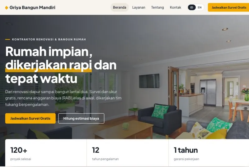 Tampilan theme WordPress Kontraktor & Renovasi