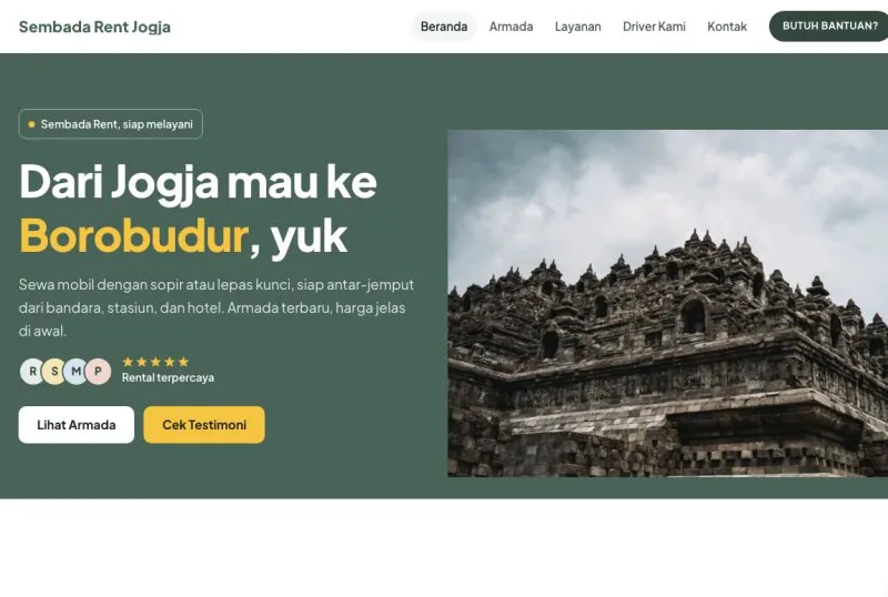 Tampilan theme WordPress Rental Mobil Modern