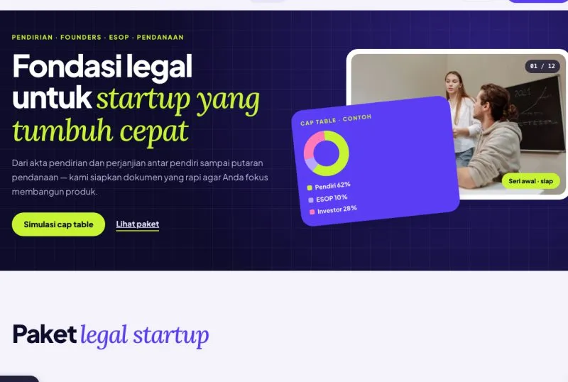 Tampilan theme WordPress Legal untuk Startup
