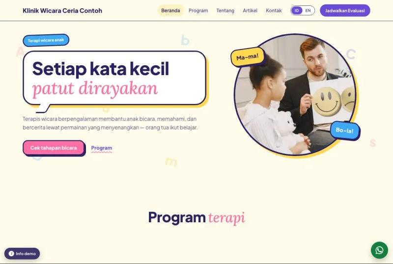 Tampilan theme WordPress Terapi Wicara Anak