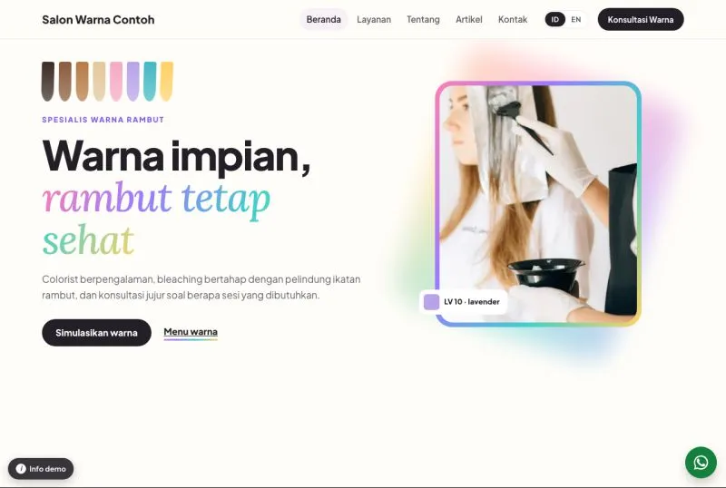 Tampilan theme WordPress Salon Warna Rambut