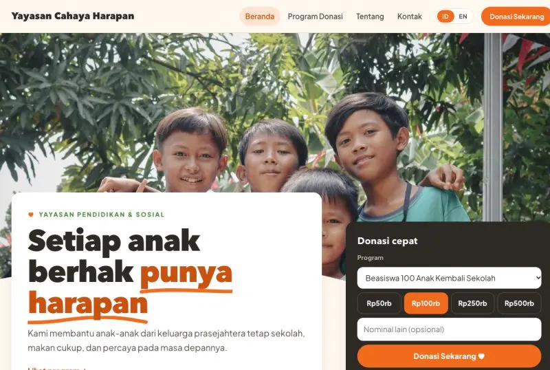 Tampilan theme WordPress Yayasan & Lembaga Sosial